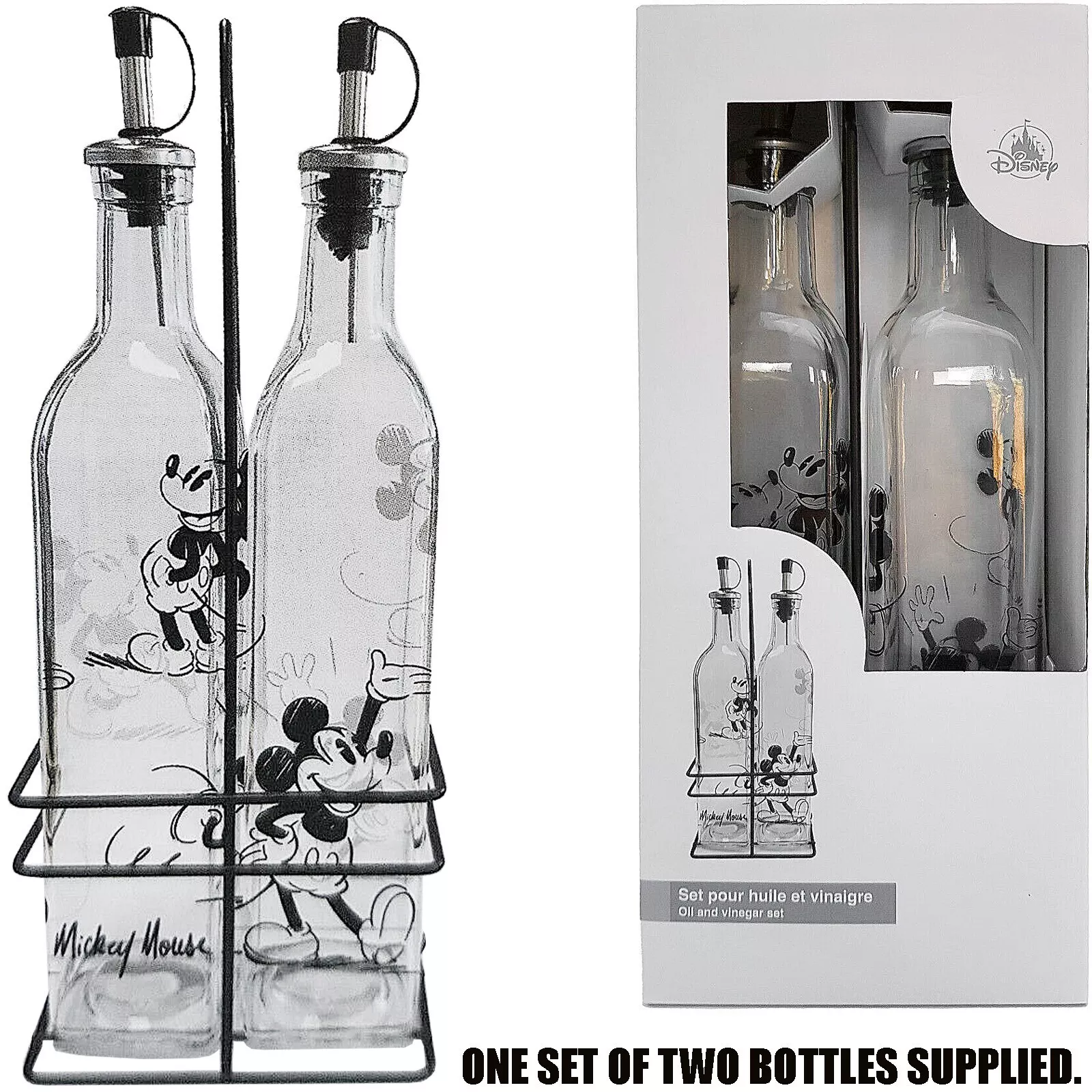 Disneyland Paris Mickey Mouse Sketch Oil & Vinegar Glass Bottle Set