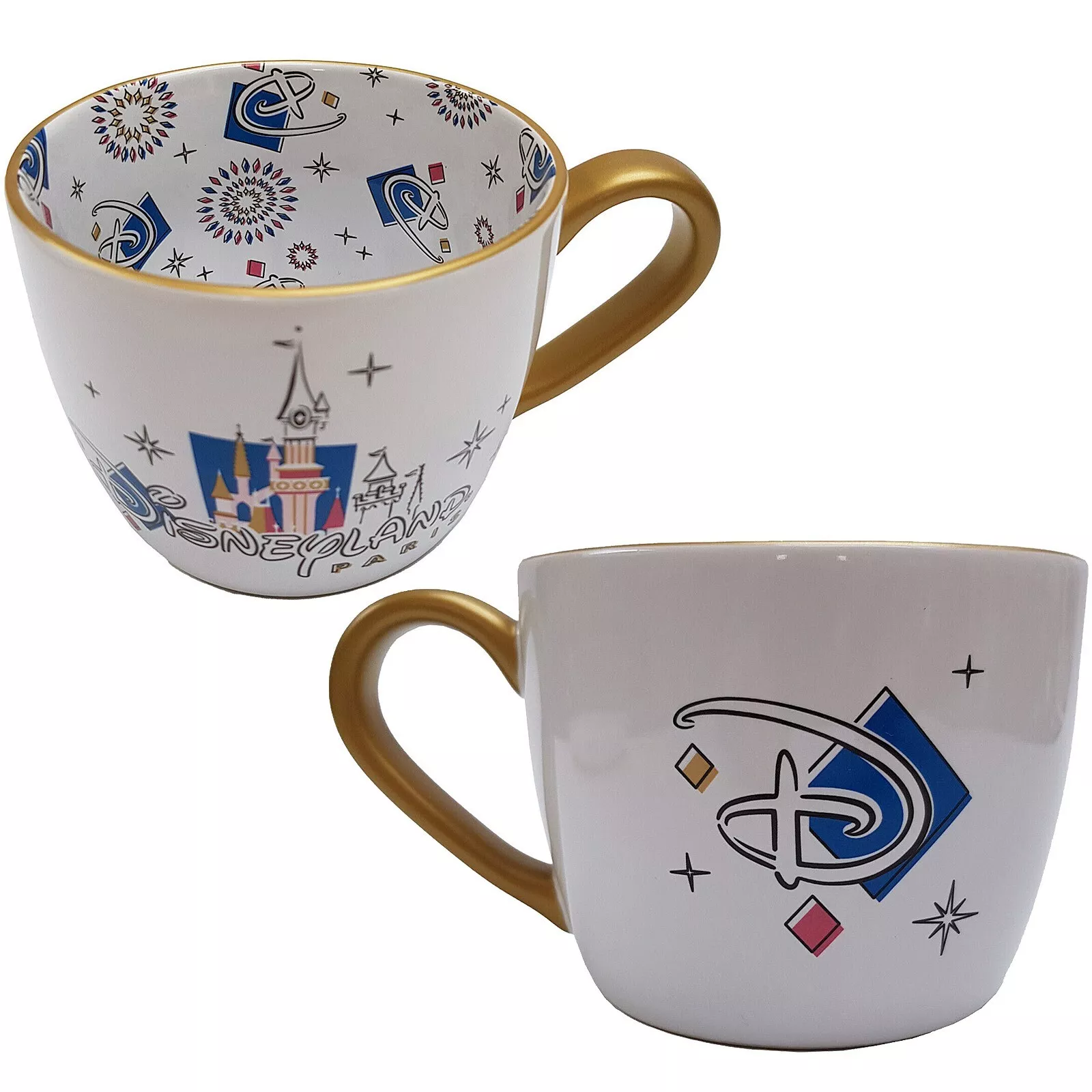 Disneyland Paris Coffee Mug Cup With Castle Interior Pattern & Gold Handle