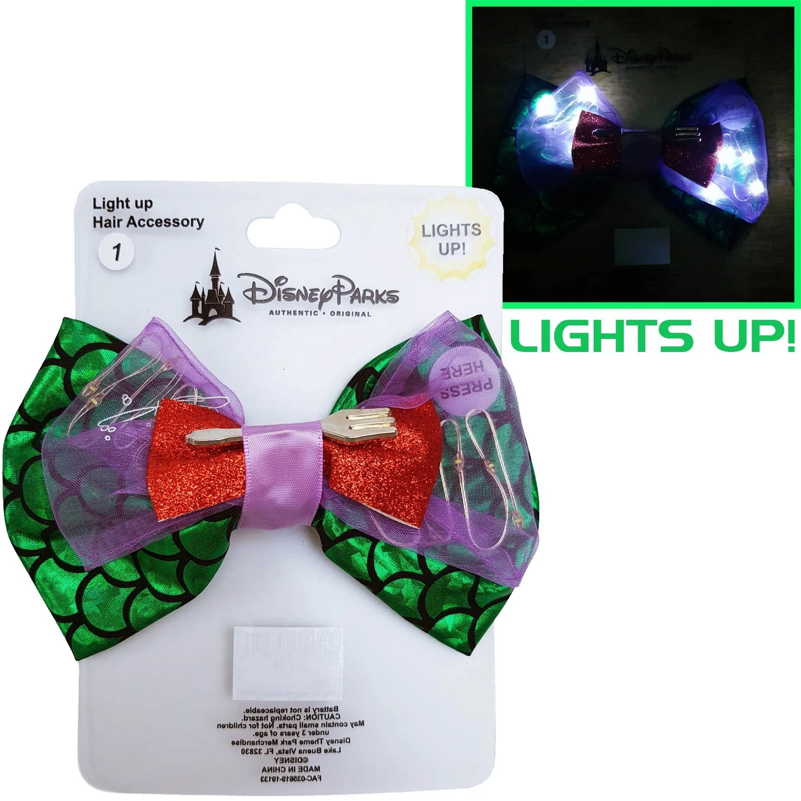 Disney Parks The Little Mermaid Ariel Light Up Hair Clip Bow Accessory