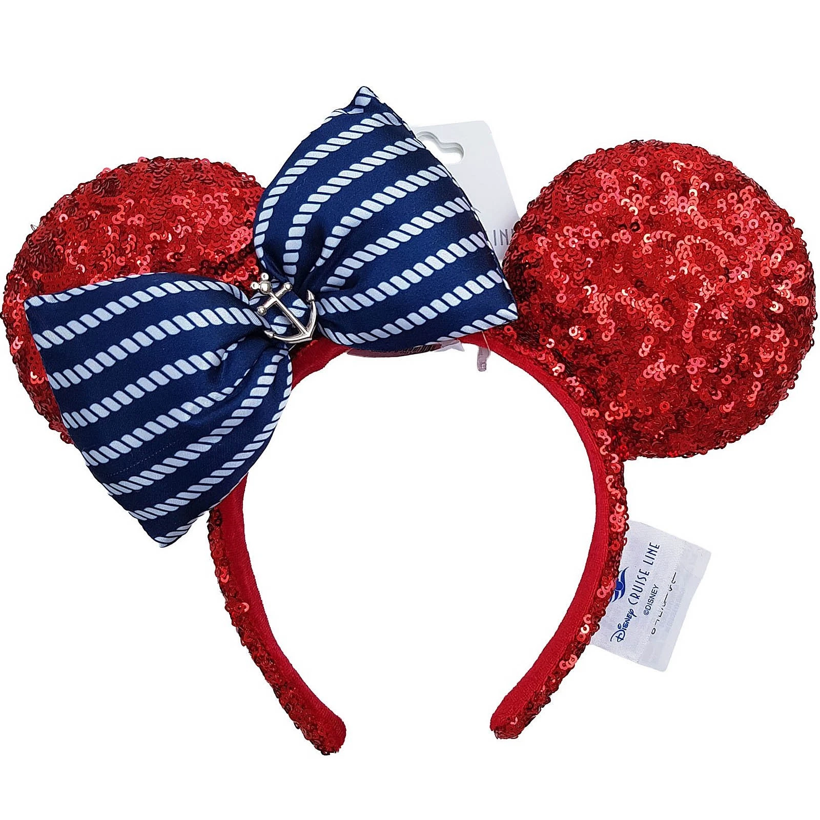 Disney Cruise Line Red Sequin & Blue Bow With Anchor Minnie Mouse Ears Headband
