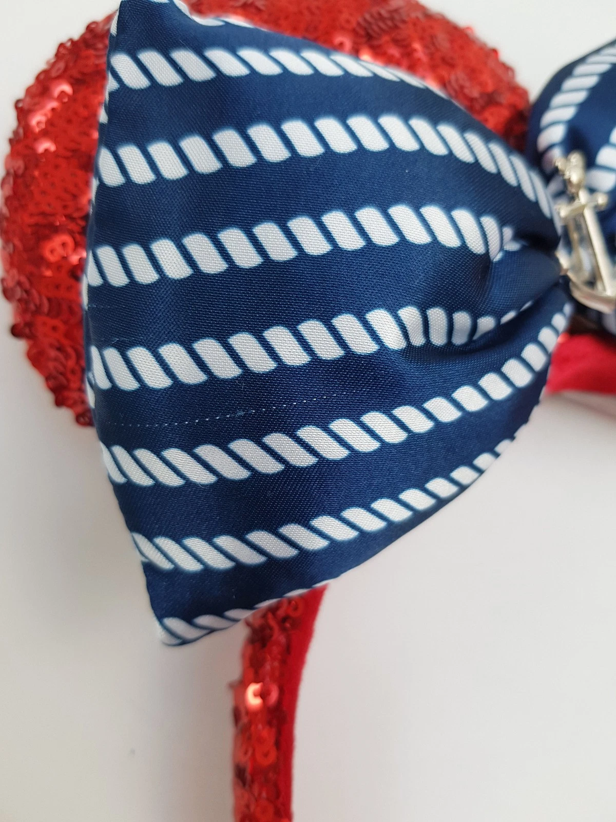 NWT Red Sequin Minnie Ears Headband with Blue Striped Bow and Anchor emelishment Disney Cruise Line Red Sequin & Blue Bow With Anchor Minnie  main image 2